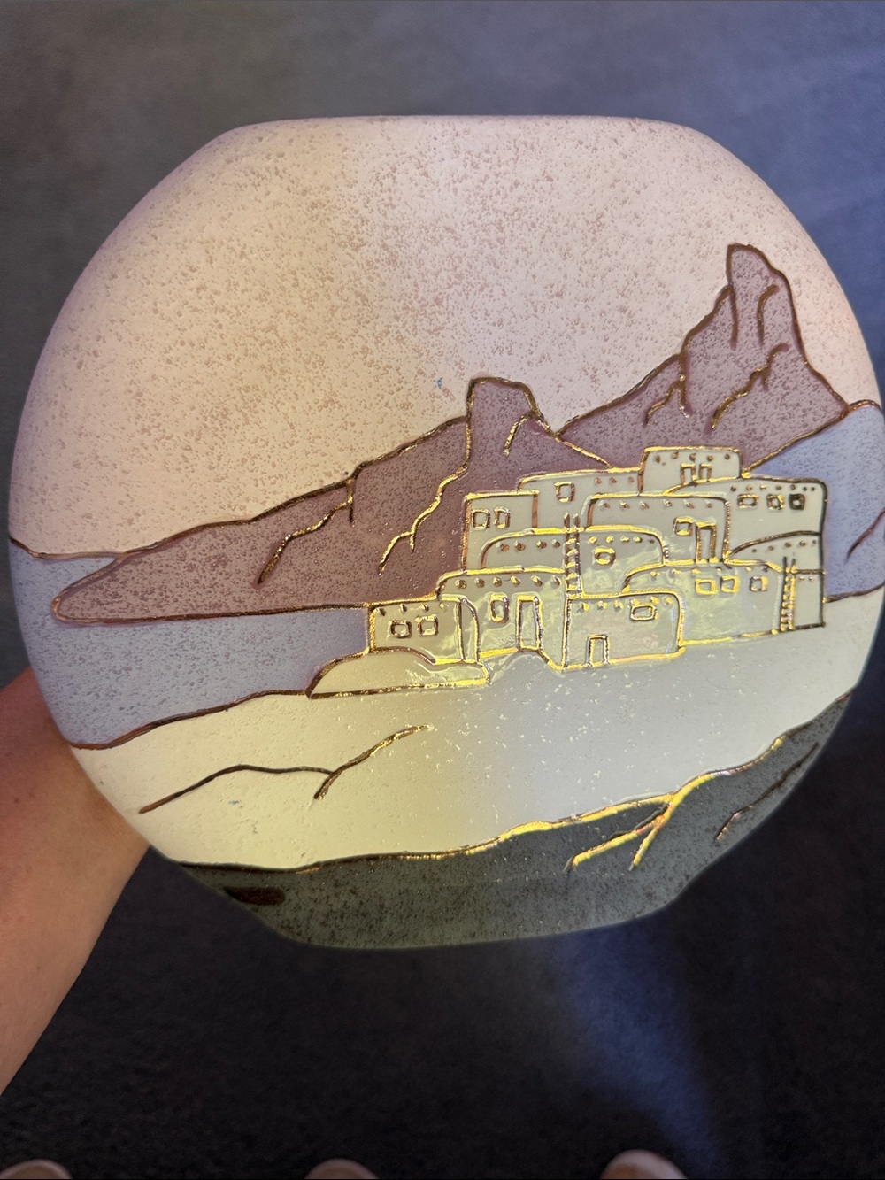 Gina Arrighetti Signed Flat Vase-Coastal Village. Gold, Blue, Purple. 9.5”x8”x2”